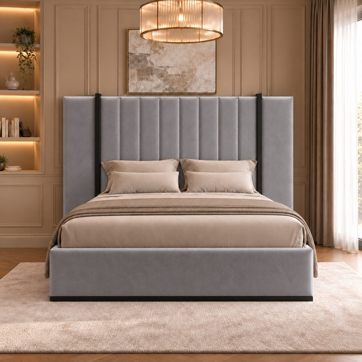 Varese bed in grey with black metal frame, front view