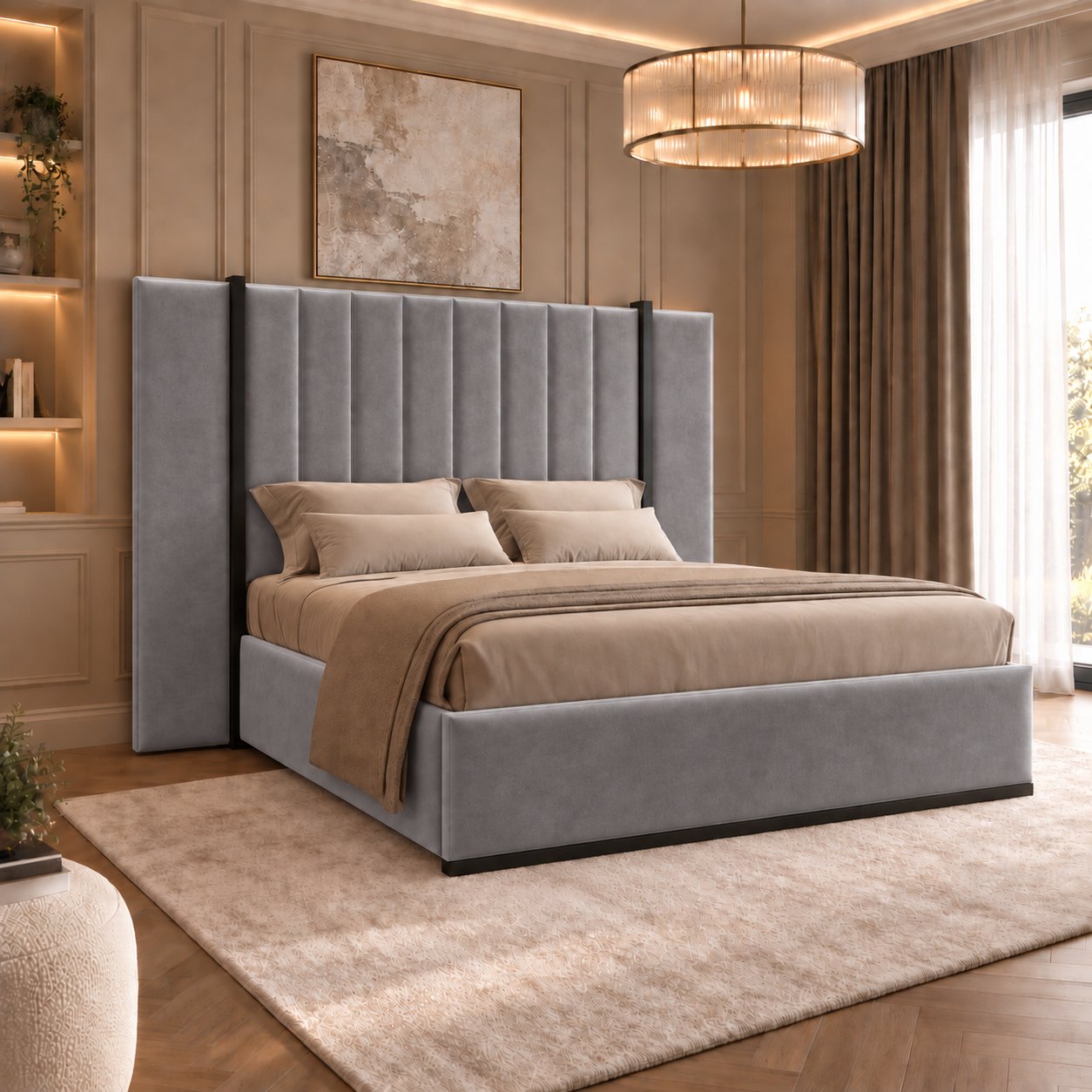 Varese bed in grey with black metal frame, side view