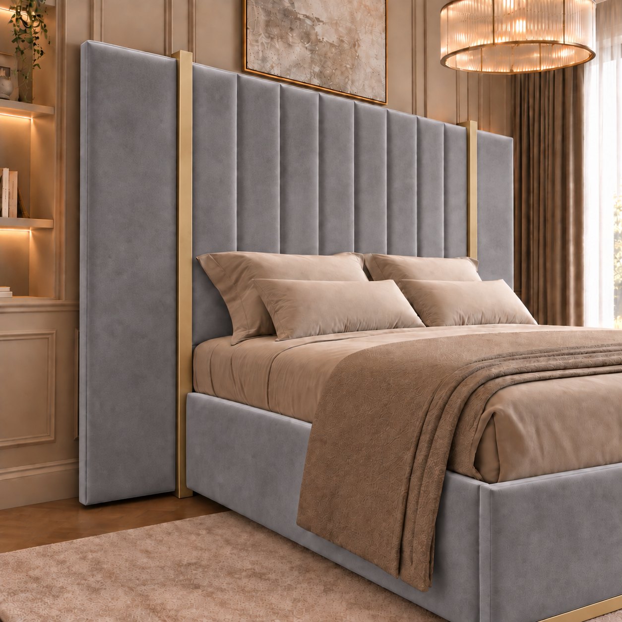 Varese bed in grey with gold metal frame, headboard close-up