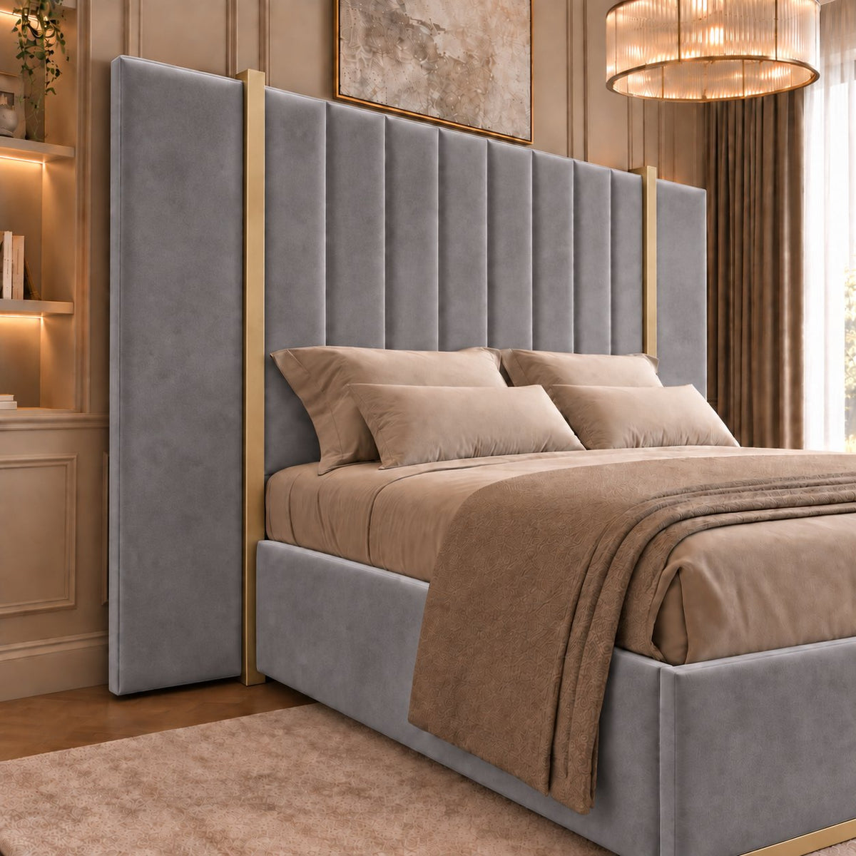 Varese bed in grey with gold metal frame, headboard close-up