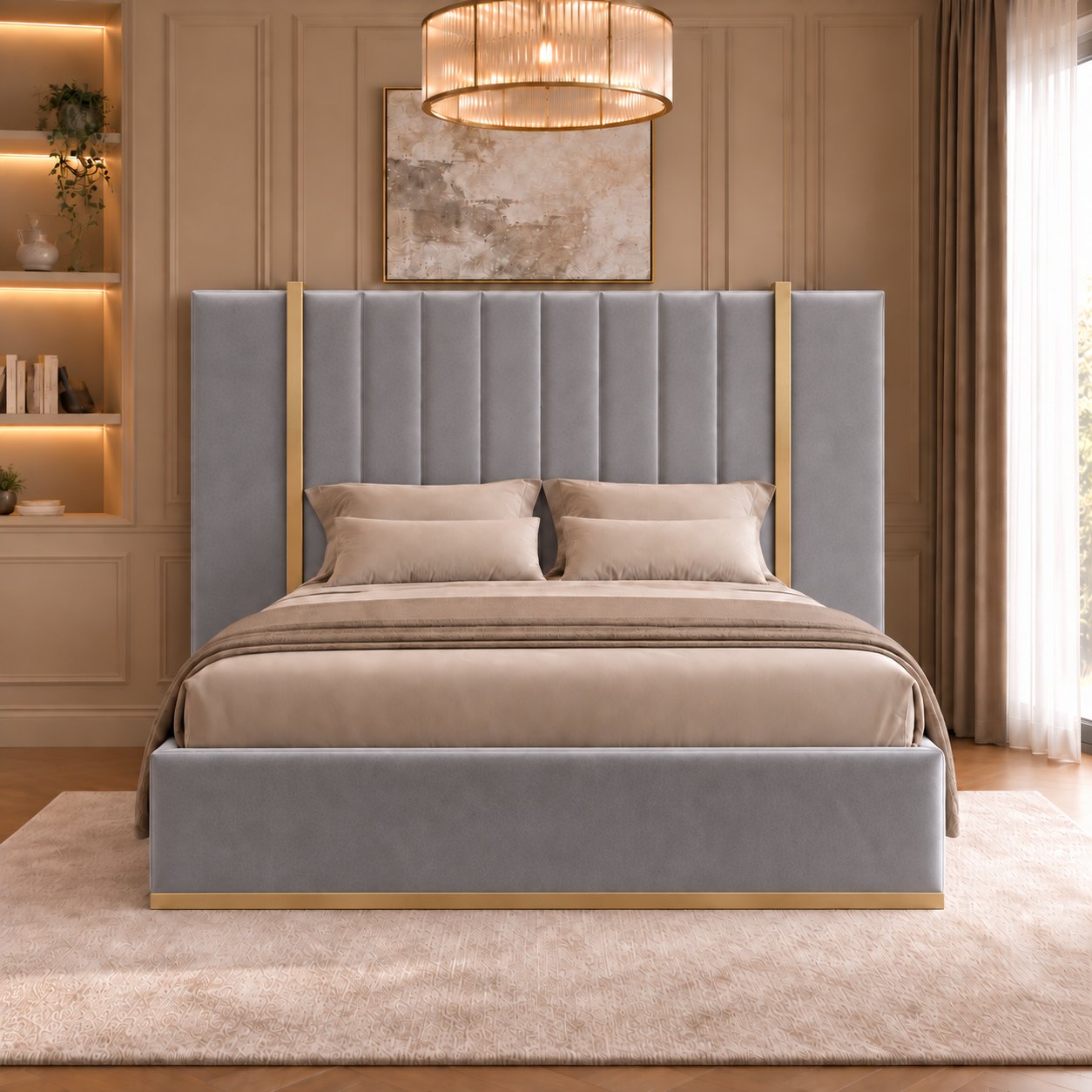 Varese bed in grey with gold metal frame, front view