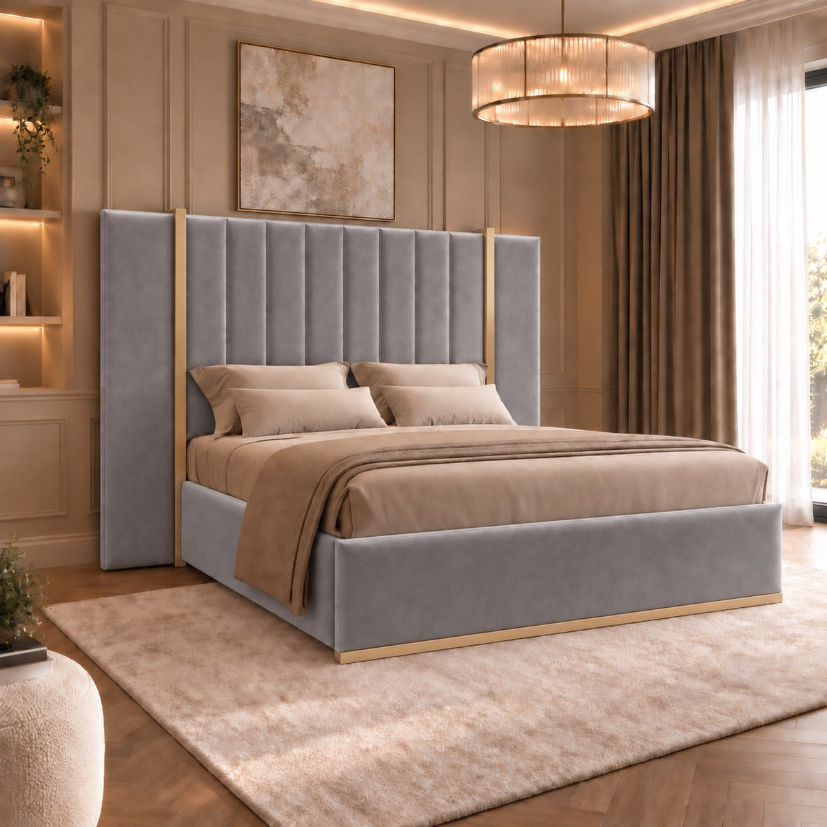 Varese bed in grey with gold metal frame, side view