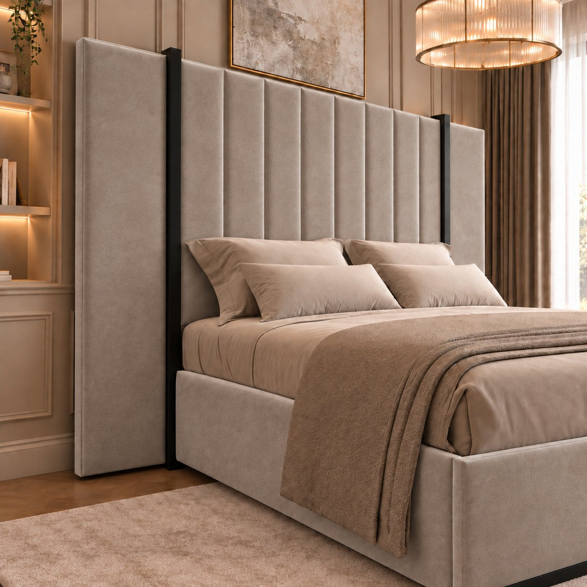 Varese bed in pebble with black metal frame, headboard close-up
