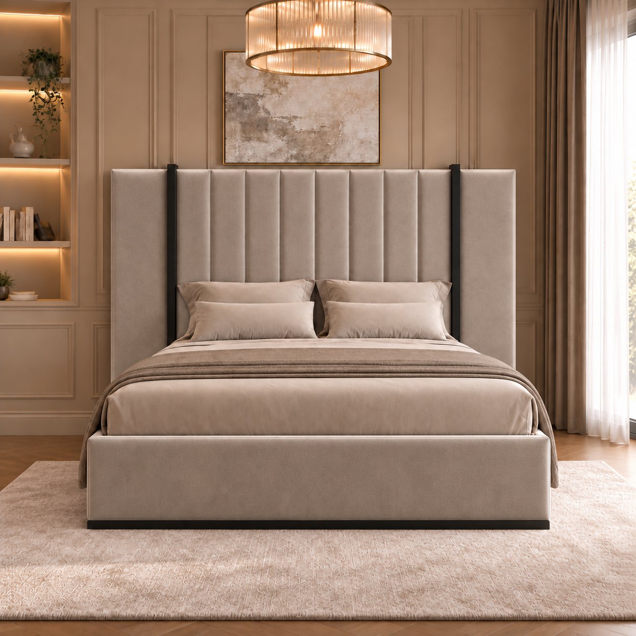 Varese bed in pebble with black metal frame, front view