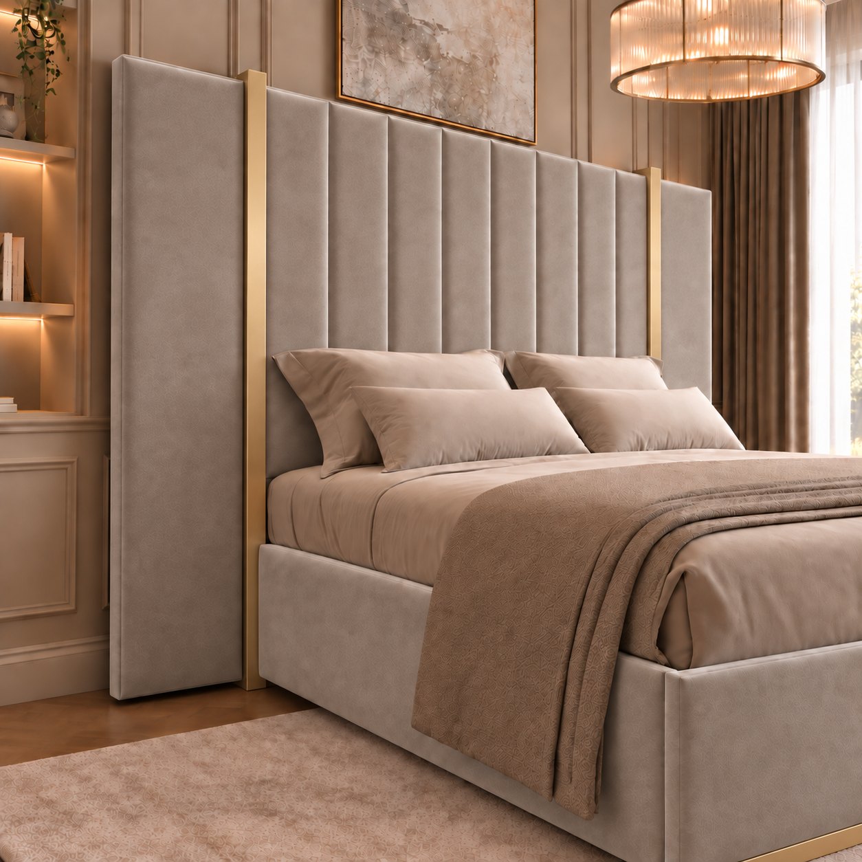 Varese bed in pebble with gold metal frame, headboard close-up
