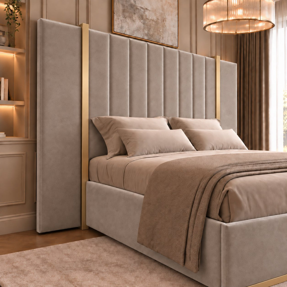 Varese bed in pebble with gold metal frame, headboard close-up
