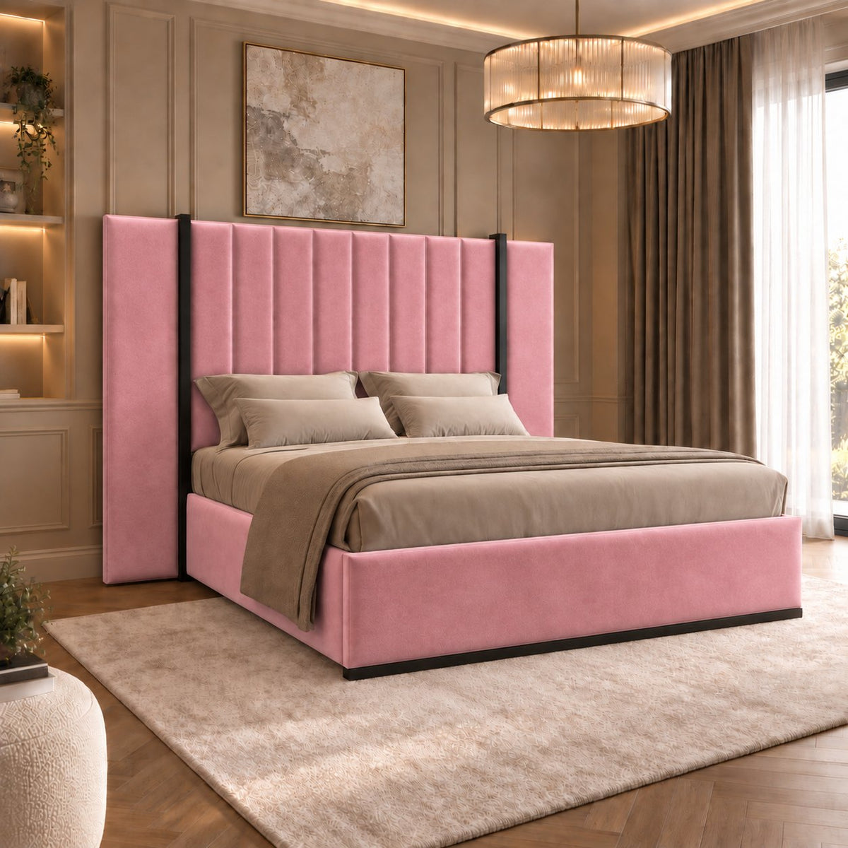 Varese bed in pink with black metal frame, side view