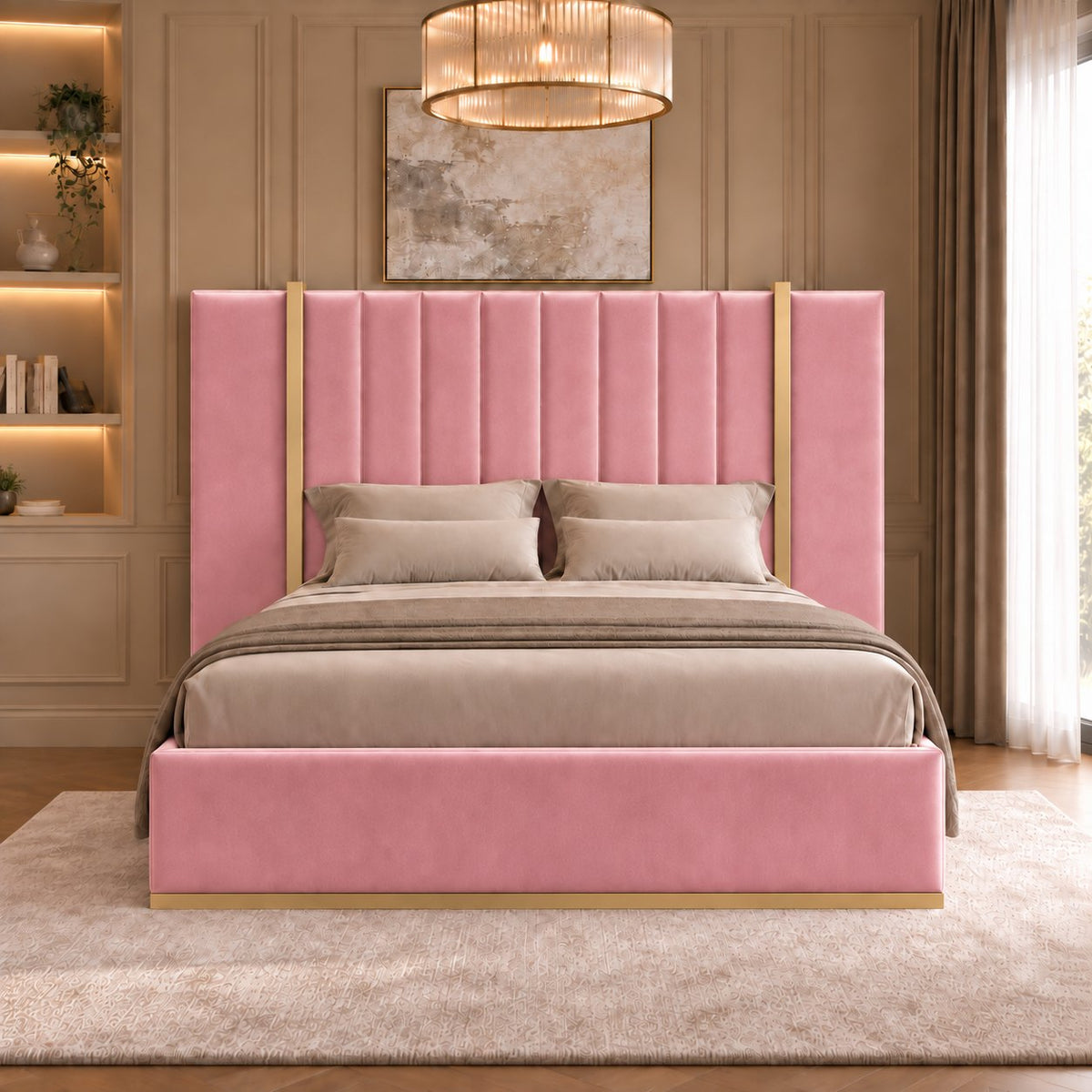 Varese bed in pink with gold metal frame, front view