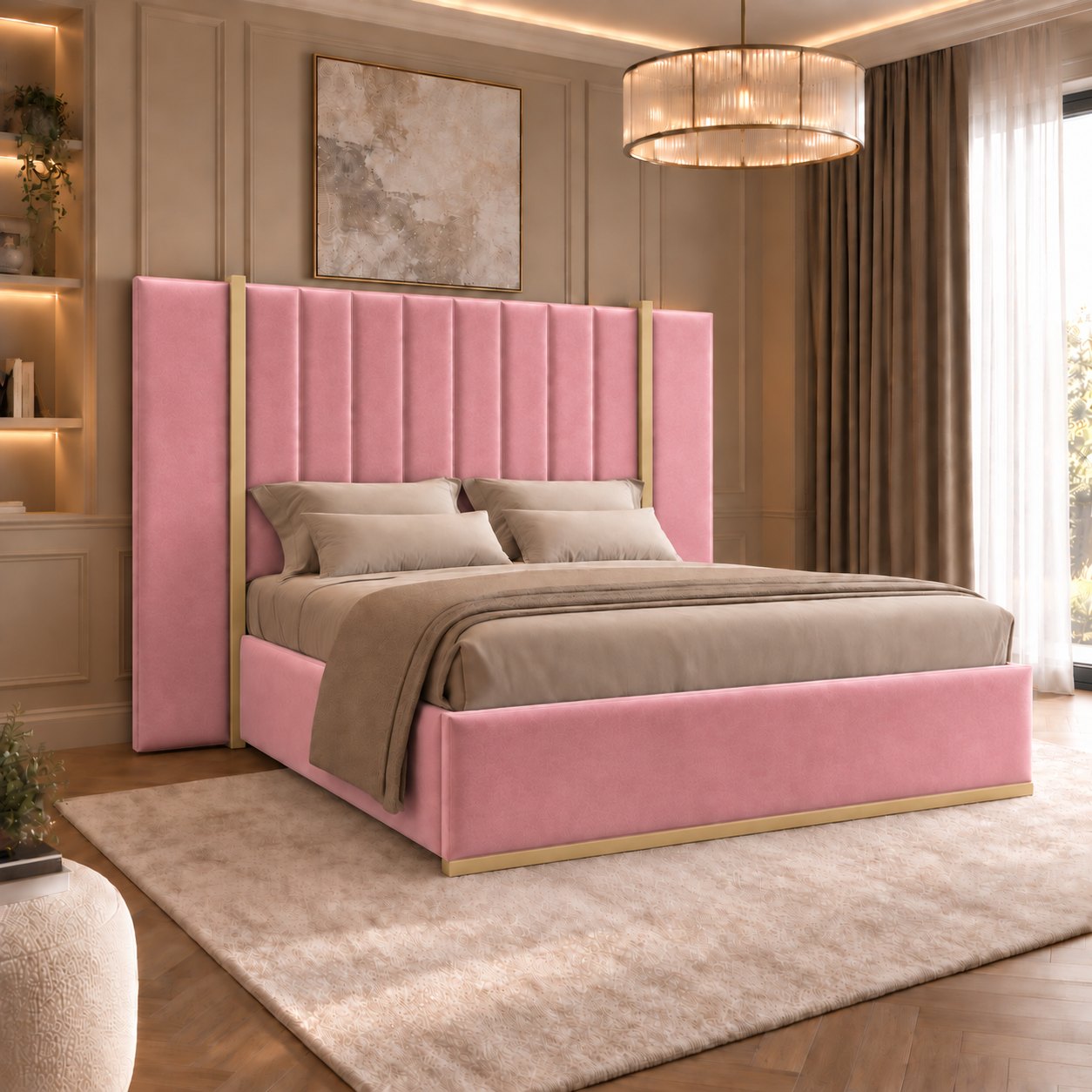 Varese bed in pink with gold metal frame, side view