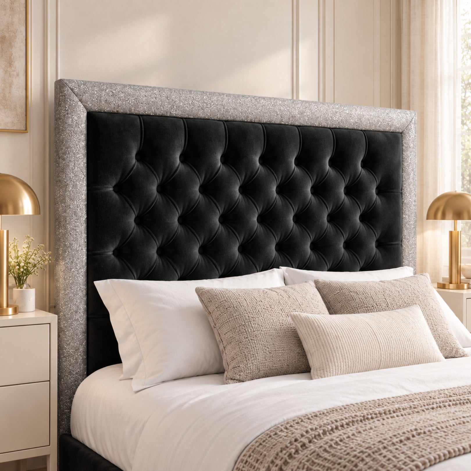 Venice Glitter Border Upholstered Soft Velvet Bed Frame