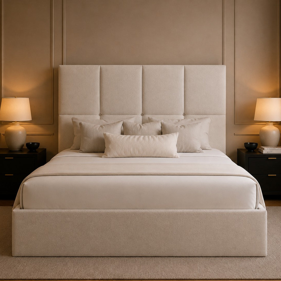 Vicenza Grid Square Panelled Tall Headboard Upholstered Bed Frame