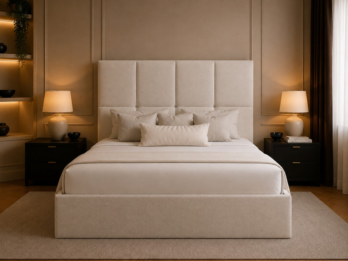 Vicenza Grid Square Panelled Tall Headboard Upholstered Bed Frame