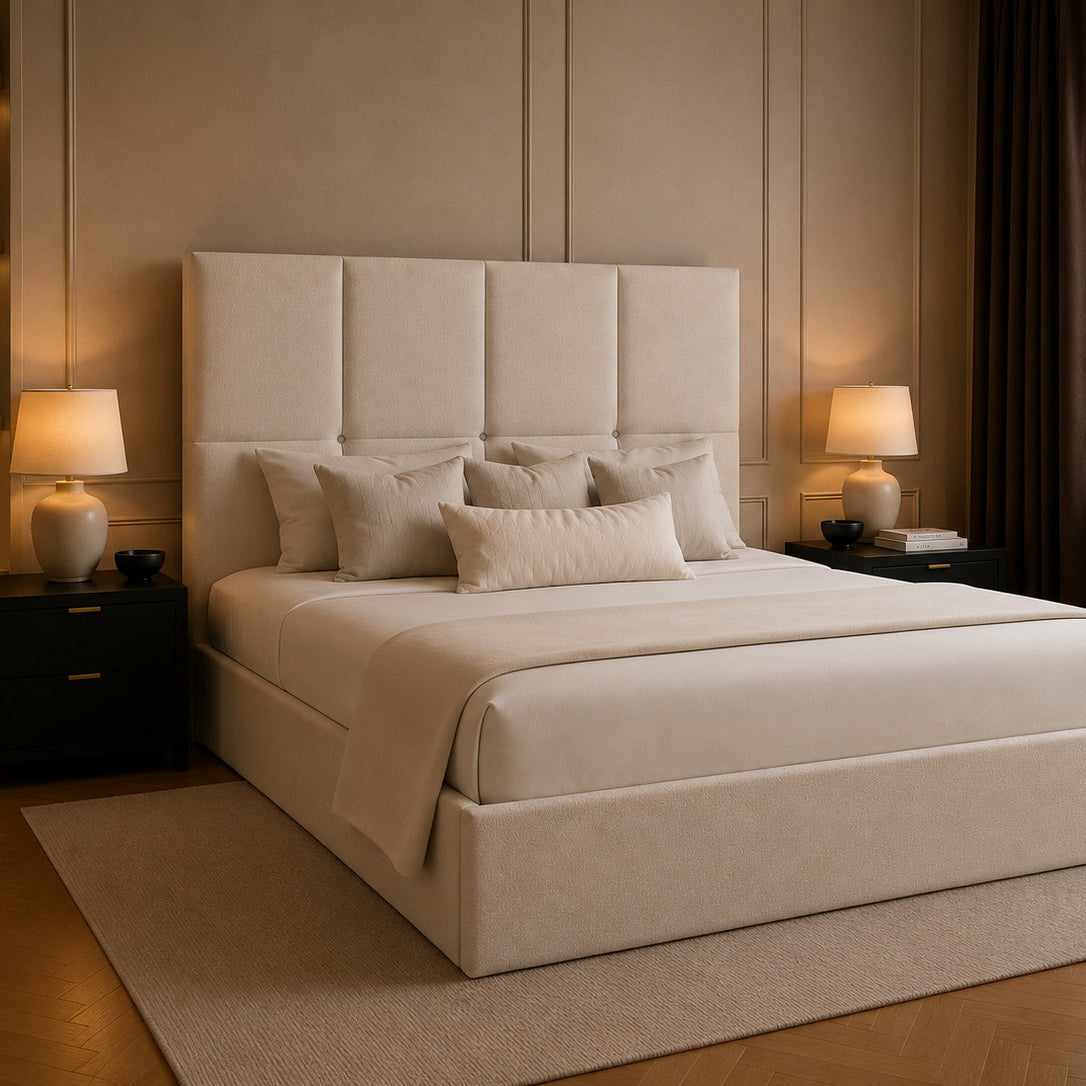 Vicenza Grid Square Panelled Tall Headboard Upholstered Bed Frame