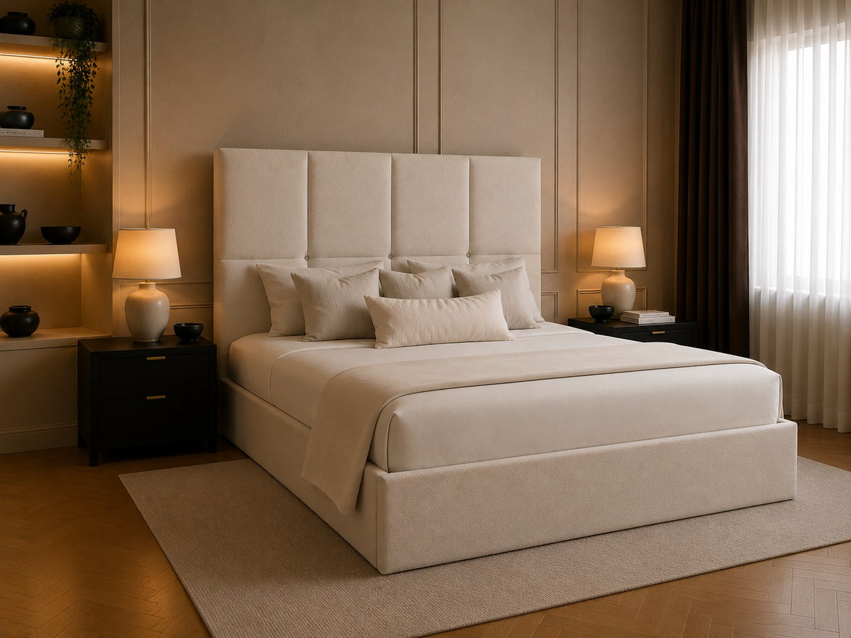 Vicenza Grid Square Panelled Tall Headboard Upholstered Bed Frame