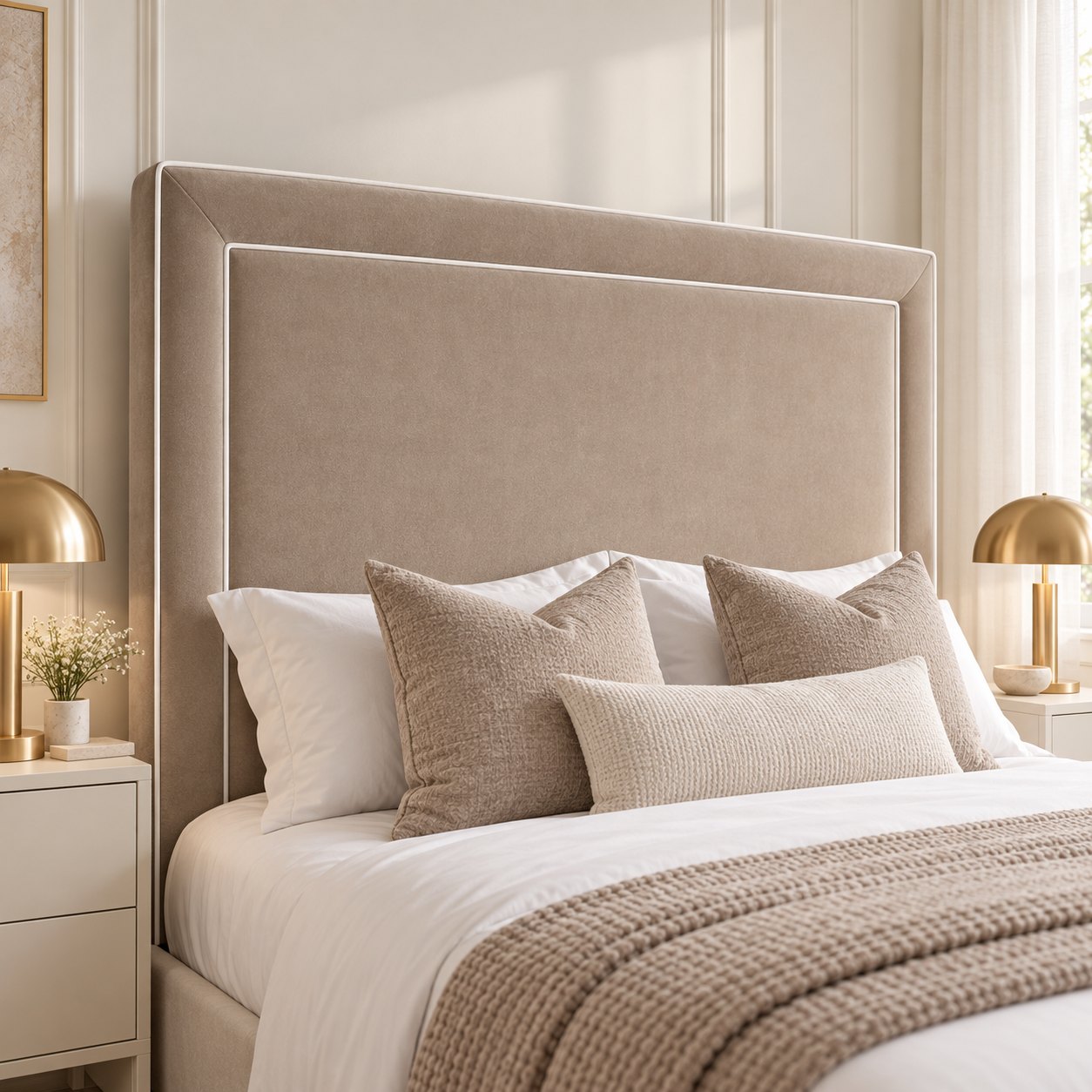 Vieste bed in pebble, headboard close-up