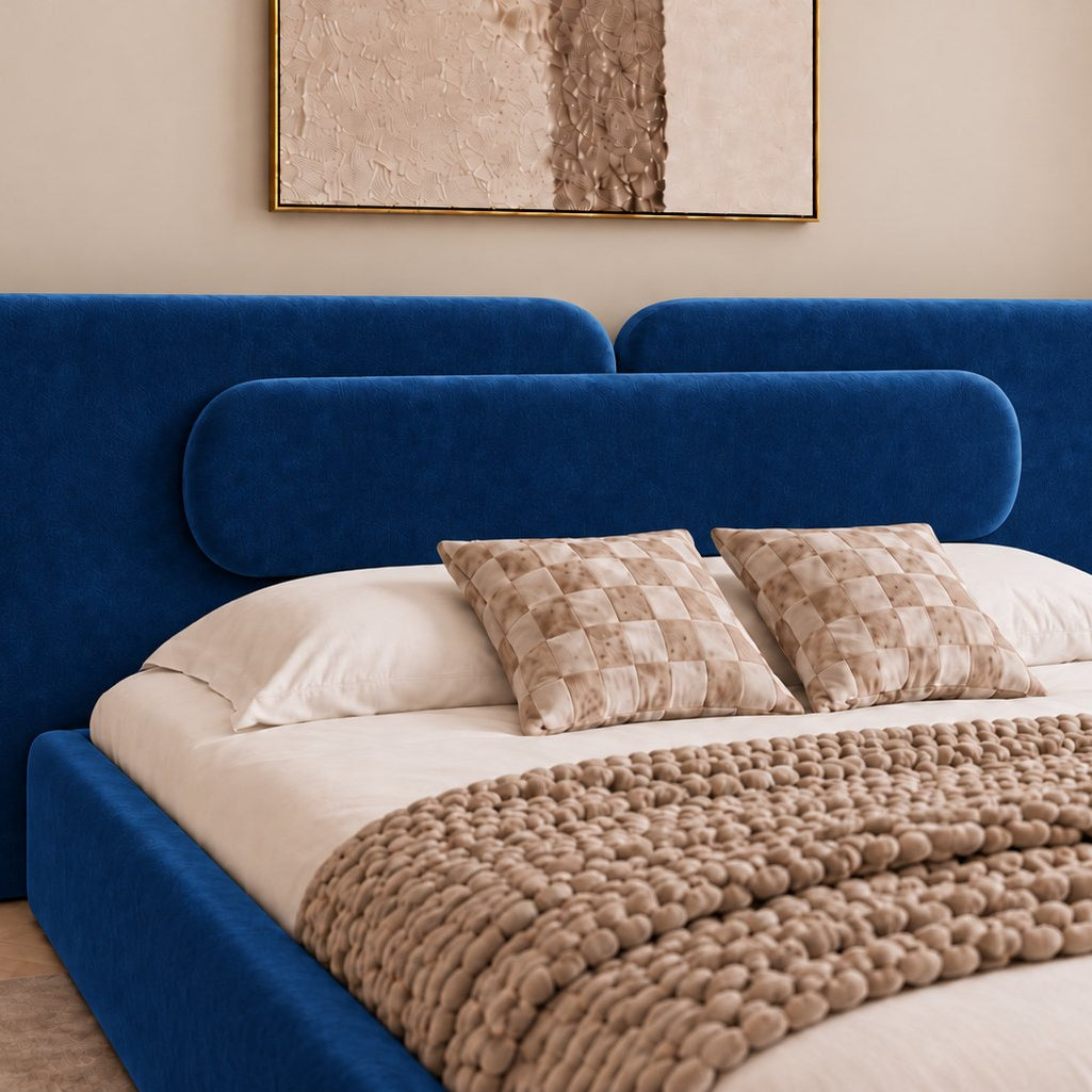Viterbo bed in blue, headboard close-up