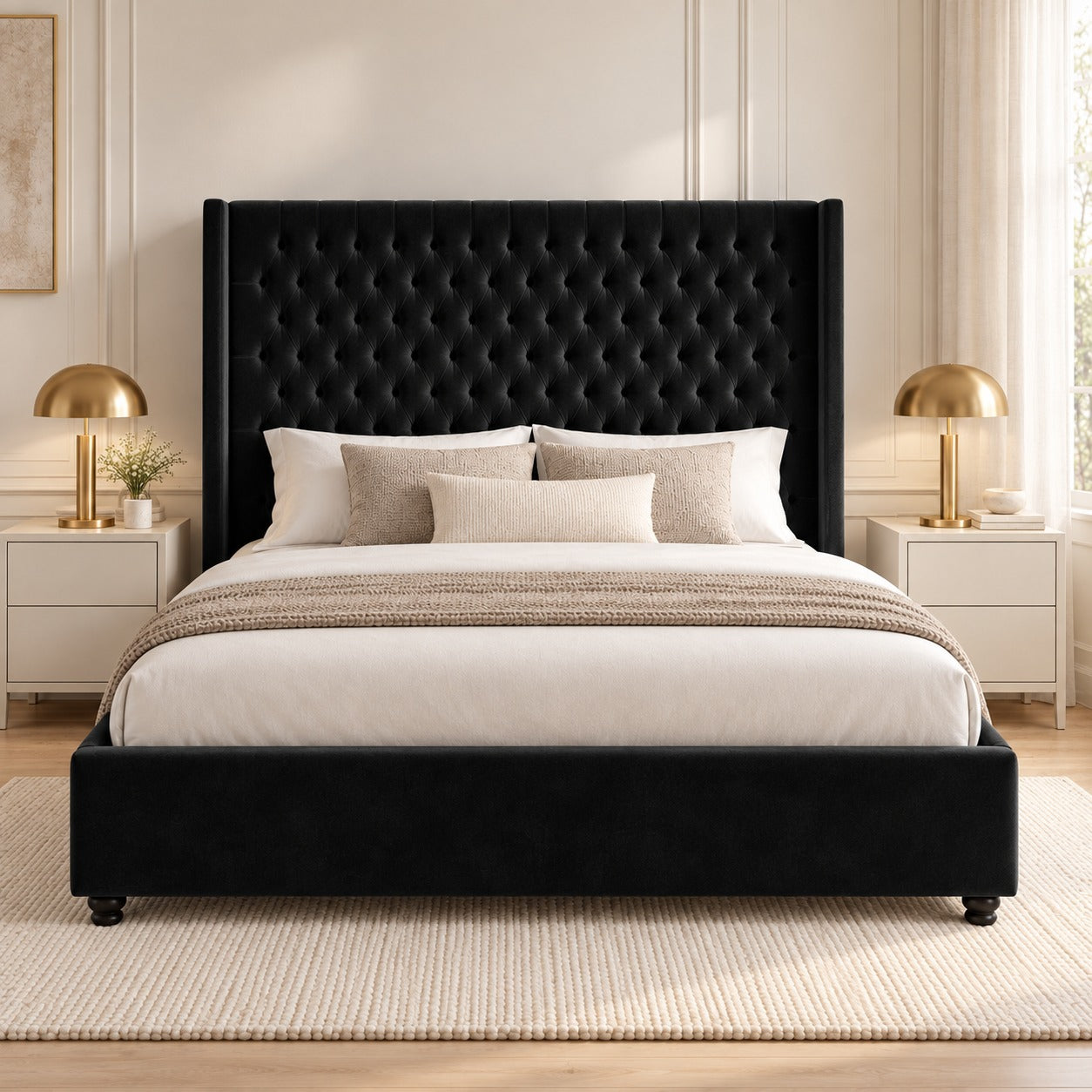 Volta Straight Winged Upholstered Soft Velvet Bed Frame