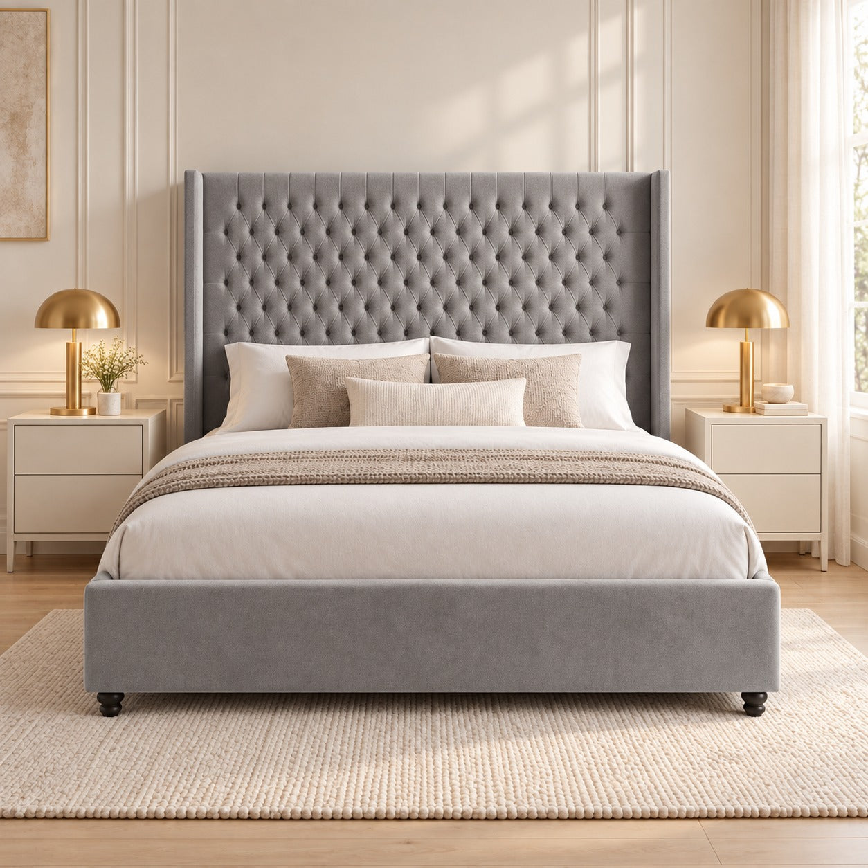 Volta Straight Winged Upholstered Soft Velvet Bed Frame