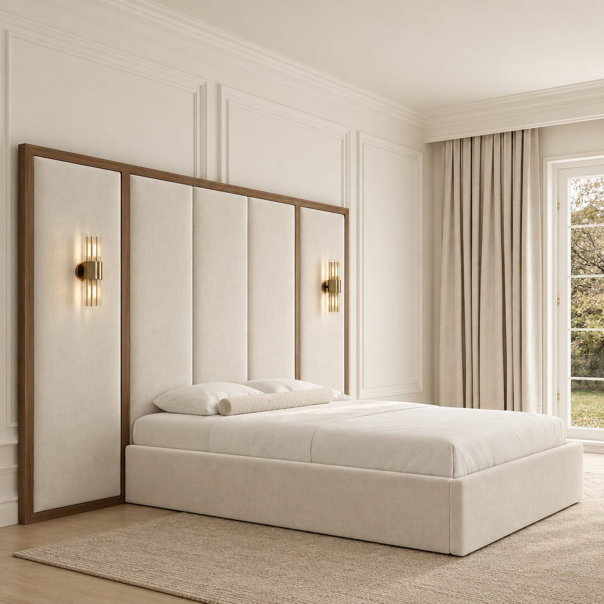 Volterra bed in cream, three-quarter view