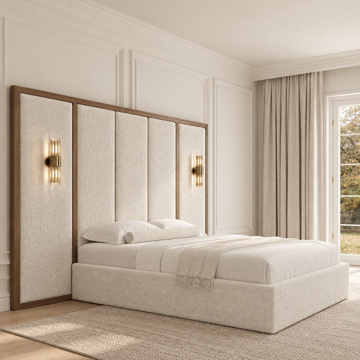 Volterra bed in ivory teddy, three-quarter view
