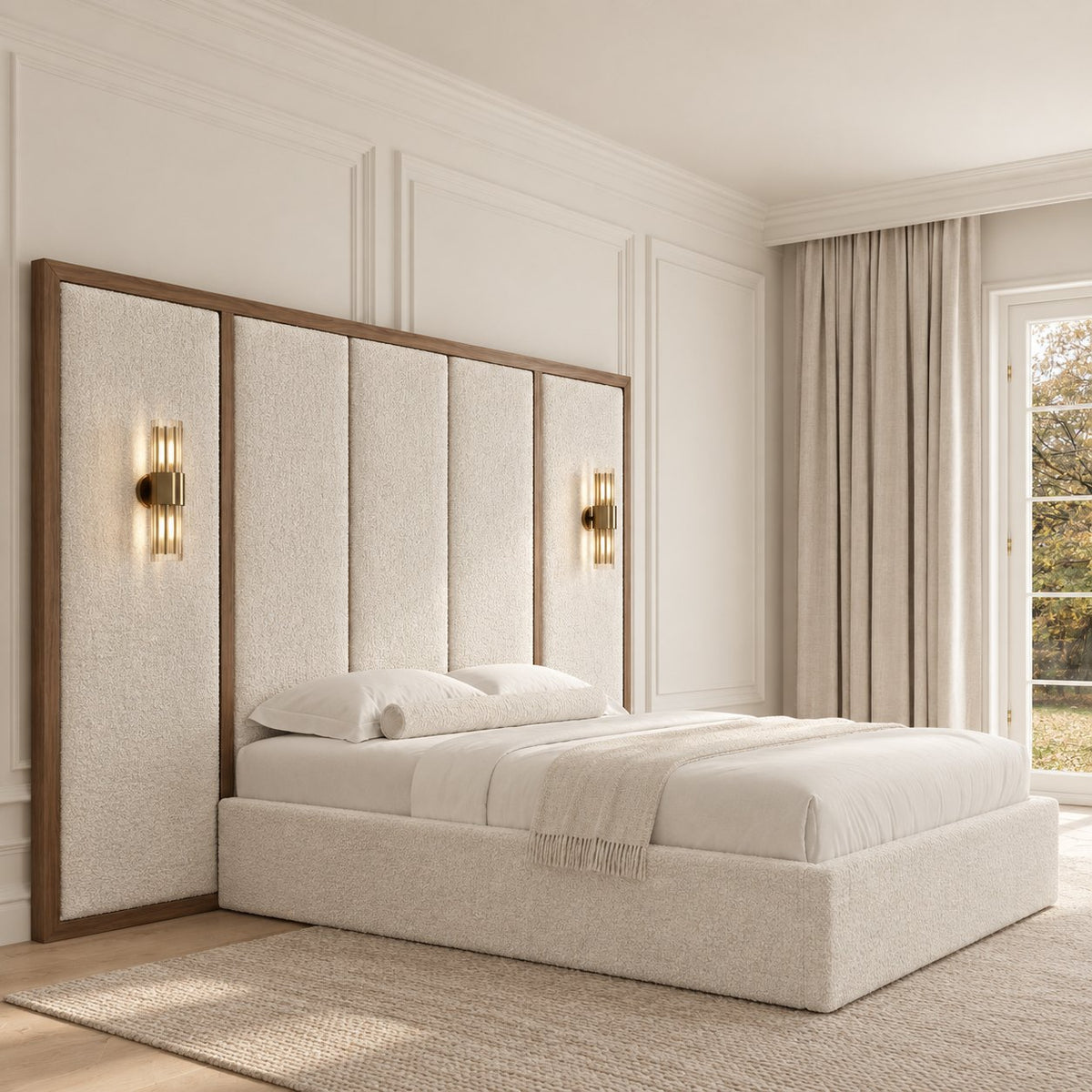 Volterra bed in ivory teddy, three-quarter view