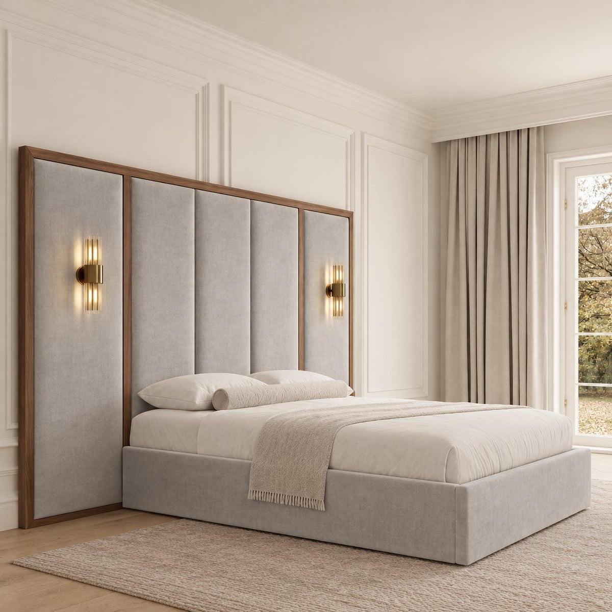 Volterra bed in light grey, three-quarter view