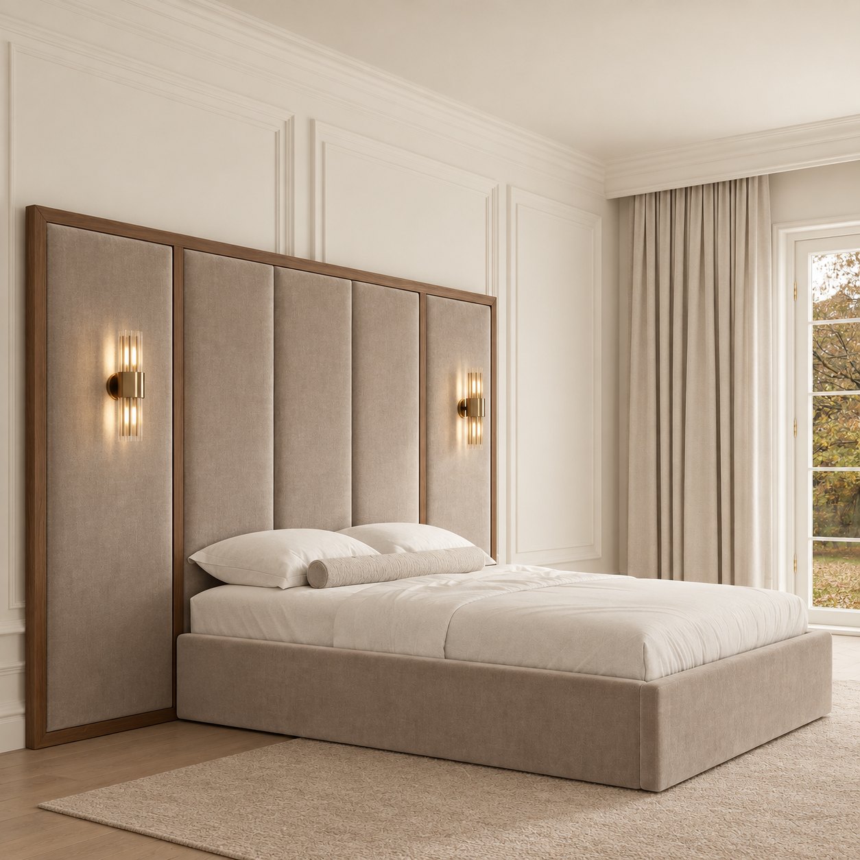 Volterra bed in pebble, three-quarter view