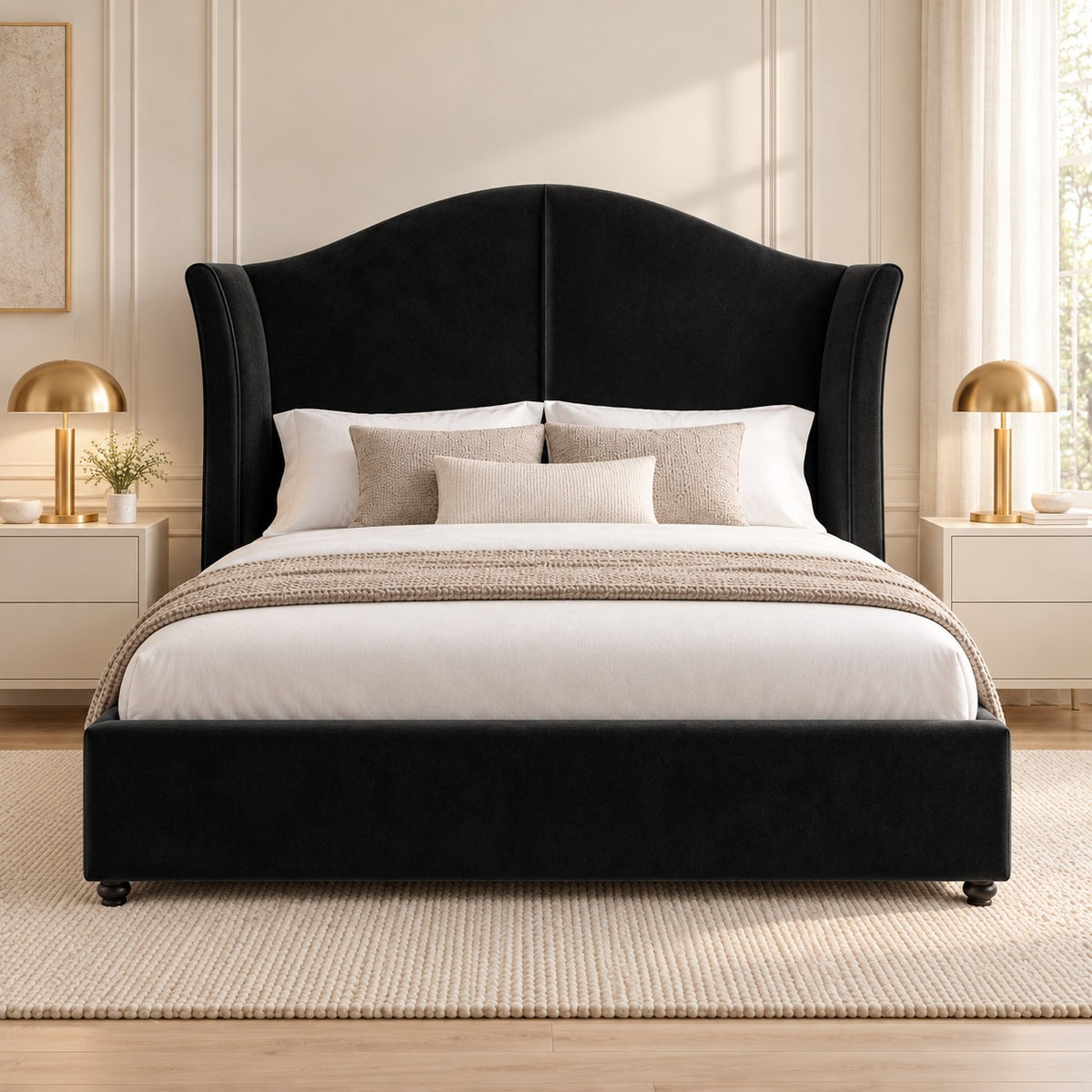 Zampa Curved Top Curved Winged Upholstered Soft Velvet Bed Frame