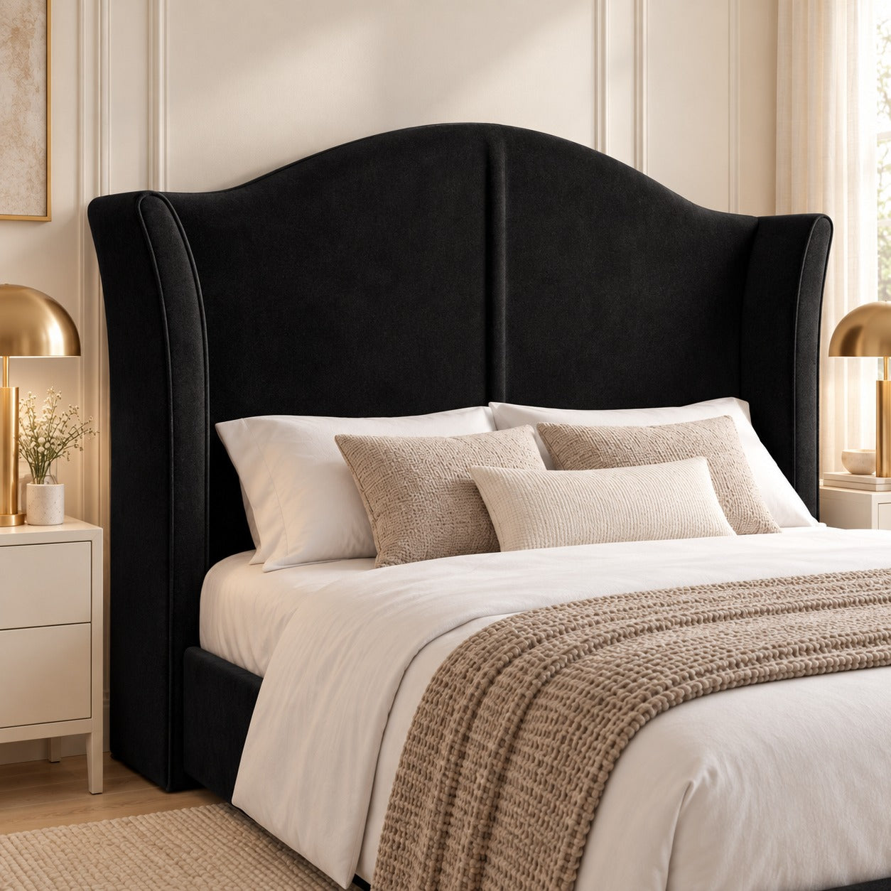 Zampa Curved Top Curved Winged Upholstered Soft Velvet Bed Frame