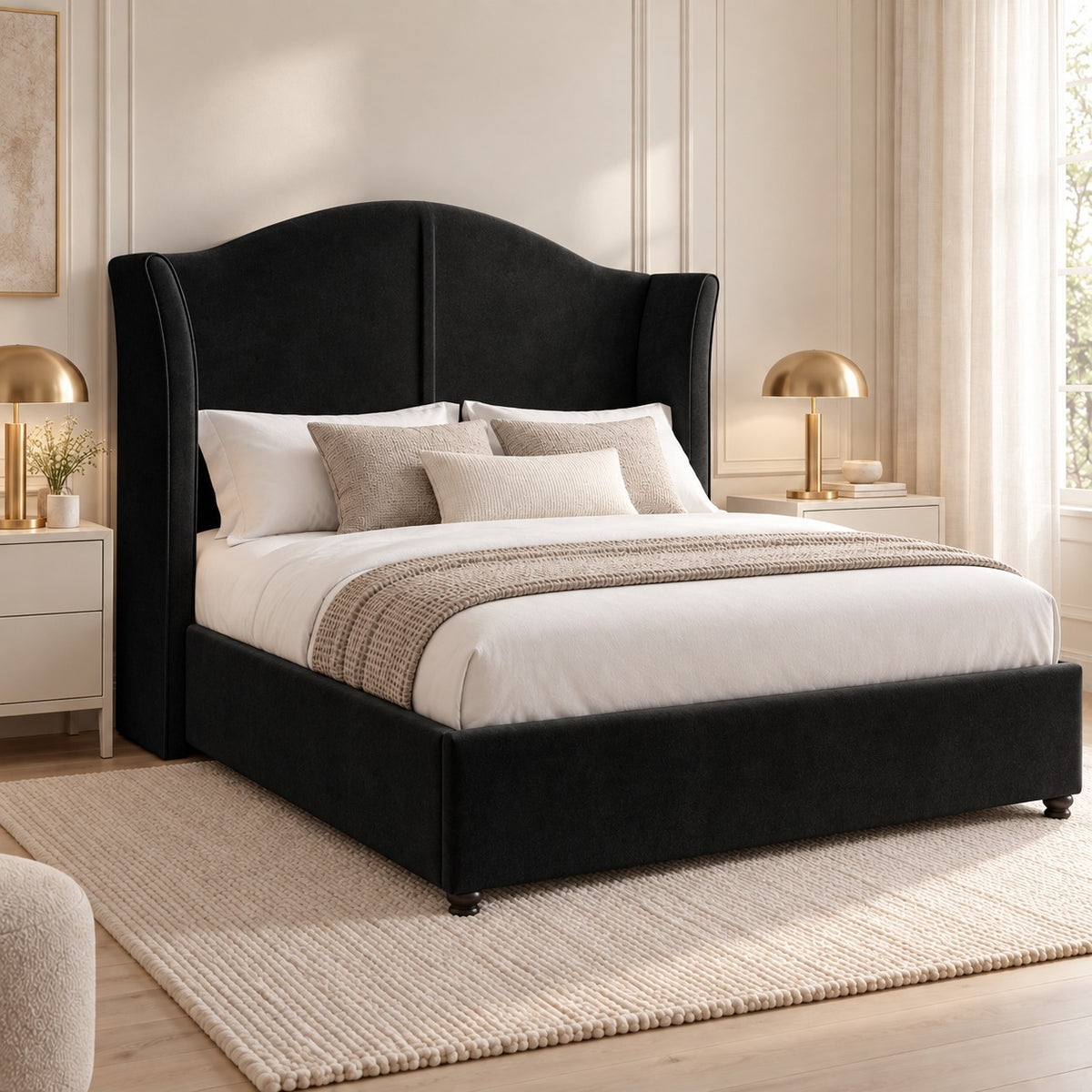 Zampa Curved Top Curved Winged Upholstered Soft Velvet Bed Frame