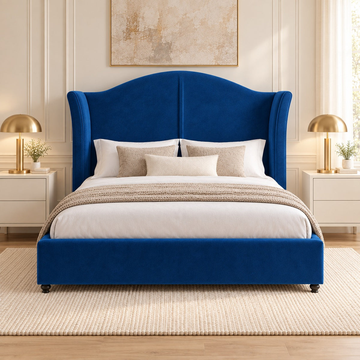 Zampa Curved Top Curved Winged Upholstered Soft Velvet Bed Frame