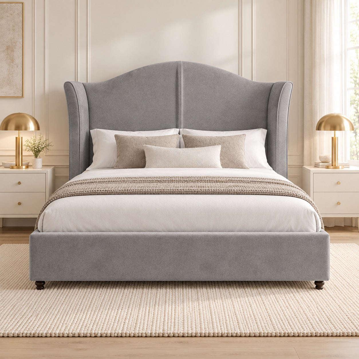 Zampa Curved Top Curved Winged Upholstered Soft Velvet Bed Frame