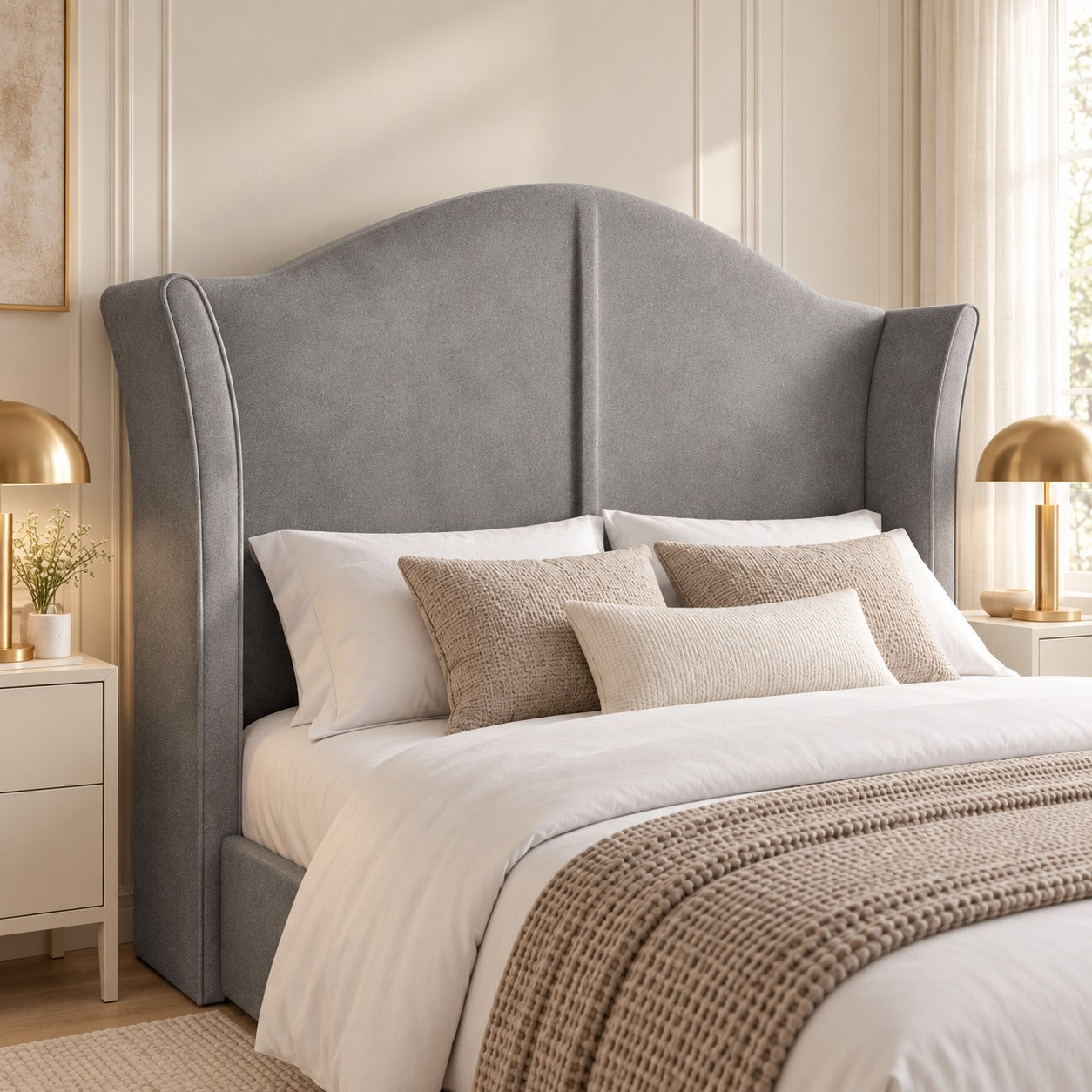 Zampa Curved Top Curved Winged Upholstered Soft Velvet Bed Frame