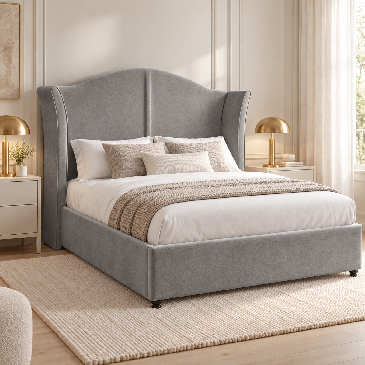 Zampa Curved Top Curved Winged Upholstered Soft Velvet Bed Frame
