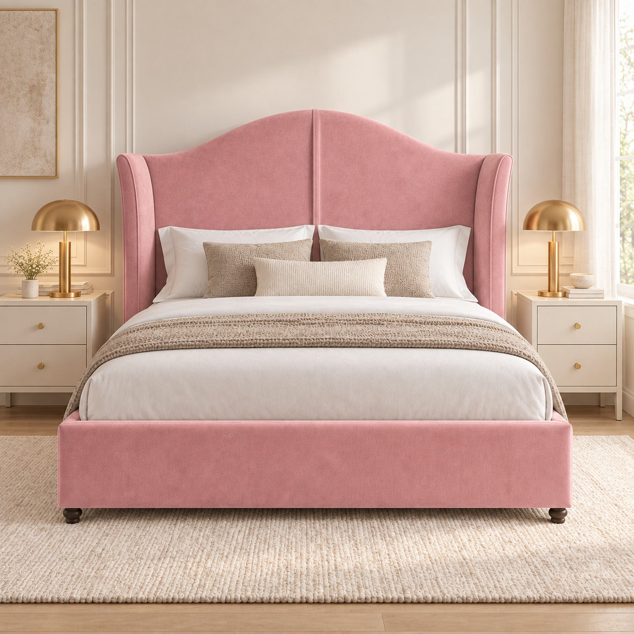 Zampa Curved Top Curved Winged Upholstered Soft Velvet Bed Frame