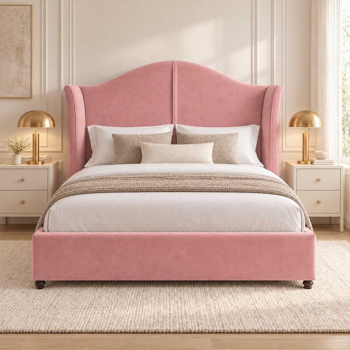Zampa Curved Top Curved Winged Upholstered Soft Velvet Bed Frame