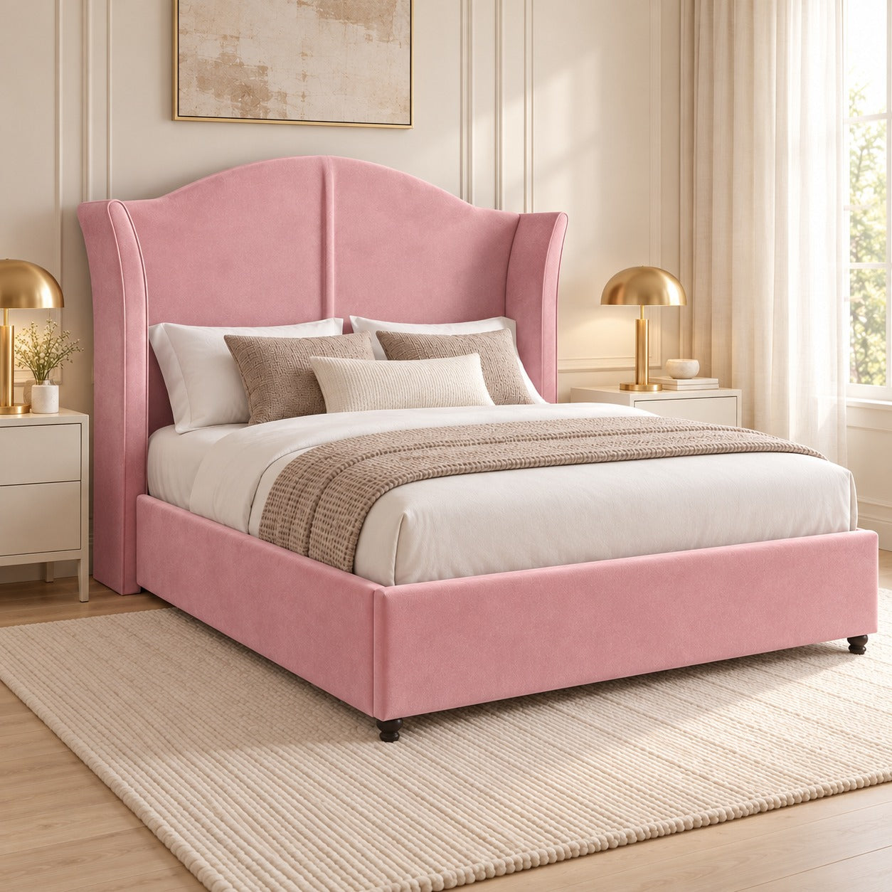 Zampa Curved Top Curved Winged Upholstered Soft Velvet Bed Frame
