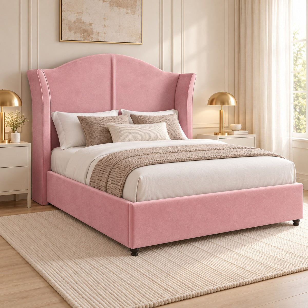 Zampa Curved Top Curved Winged Upholstered Soft Velvet Bed Frame