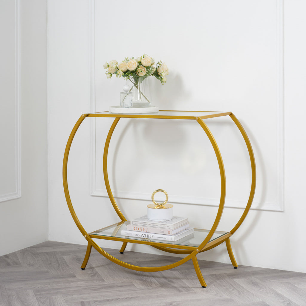 Zenor Gold Console Unit – Contemporary Glass Shelved Console Table